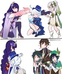  3boys 3girls artist_name black_hair blue_eyes bottle bow bowtie braid carrying carrying_person cat closed_eyes closed_mouth elf fox furina_(genshin_impact) genshin_impact green_eyes green_hair highres instagram_logo instagram_username japanese_clothes kamiiart kimono long_braid long_hair looking_at_viewer mole mole_under_eye multicolored_hair multiple_boys multiple_girls nahida_(genshin_impact) necktie neuvillette_(genshin_impact) one_eye_closed open_mouth pointy_ears ponytail purple_eyes purple_hair purple_kimono raiden_shogun scaramouche_(cat)_(genshin_impact) scaramouche_(genshin_impact) short_hair side_ponytail thigh_strap toeless_footwear twitter_logo twitter_username venti_(genshin_impact) very_long_hair white_hair wine_bottle xiao_(genshin_impact) yae_miko yae_miko_(fox) yellow_eyes zhongli_(genshin_impact) 