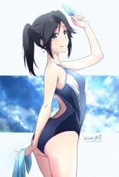  1girl arm_up ass black_hair blue_background blue_eyes breasts closed_mouth commentary_request competition_swimsuit dated feathers hibike!_euphonium highres holding holding_feather kasaki_nozomi liz_to_aoi_tori looking_at_viewer nii_manabu one-piece_swimsuit ponytail short_hair signature small_breasts smile solo standing swimsuit thighs two-tone_background wedgie  rating:Sensitive score:11 user:danbooru