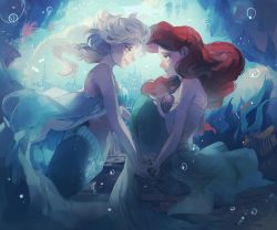  2girls ariel_(disney) bad_id bad_twitter_id bare_shoulders bikini bikini_top_only blue_theme blurry braid cape company_connection creator_connection crossover depth_of_field elsa_(frozen) from_side frozen_(disney) grey_hair half-closed_eyes hiphip_hurray holding_hands long_hair looking_at_another mermaid midriff monster_girl multiple_girls panbukin parted_lips red_hair single_braid smile swimsuit the_little_mermaid underwater yuri  rating:Sensitive score:21 user:danbooru