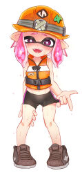  1girl bike_shorts black_shorts clothes_pull dripping fangs female_focus hard_hat helmet inkling inkling_girl inkling_player_character kikai_(akita_morgue) life_vest looking_at_viewer navel nintendo pink_eyes pink_hair pointy_ears shoes shorts shorts_pull simple_background solo splatoon_(series) standing tentacle_hair white_background 