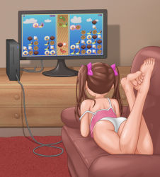  1girl ass barefoot brown_hair couch feet flat_chest from_behind highres loli lying on_stomach panties playing_games solo strap_slip tagme television twintails underwear white_panties zoquqot  rating:Questionable score:183 user:Lolituber