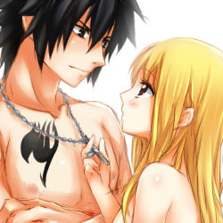  1boy 1girl bare_shoulders blonde_hair blush couple cross crossed_arms eye_contact fairy_tail gray_fullbuster hair_down hetero jewelry long_hair looking_at_another lucy_heartfilia necklace topless_male strib_und_werde tattoo topless  rating:Sensitive score:16 user:danbooru