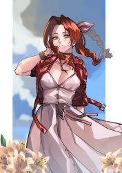  1girl aerith_gainsborough blood_hood blue_sky breasts brown_hair cloud cropped_jacket day dress drill_hair final_fantasy final_fantasy_vii flower green_eyes highres jacket long_dress long_hair medium_breasts open_clothes open_jacket outdoors pink_dress red_jacket short_sleeves side_drill sky solo tri_drills white_flower  rating:Sensitive score:30 user:danbooru