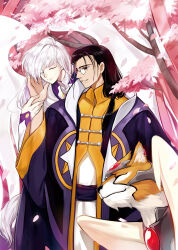  2boys absurdres angel_wings armored_animal black_hair cardcaptor_sakura cherry_blossoms chest_jewel chinese_clothes ciciya closed_eyes closed_mouth clow_reed coat cowboy_shot falling_petals feathered_wings flower glasses hair_behind_ear hair_over_shoulder hair_pulled_back hand_on_another&#039;s_cheek hand_on_another&#039;s_face highres jacket kerberos lion long_coat long_hair long_sleeves looking_at_another low_ponytail male_focus multiple_boys open_clothes open_coat parted_lips petals pince-nez pink_flower profile purple_coat purple_eyes robe round_eyewear sleeves_past_wrists smile standing star_(symbol) swept_bangs tangzhuang tree very_long_hair white_hair white_robe white_wings winged_animal wings yellow_jacket yue_(cardcaptor_sakura) 