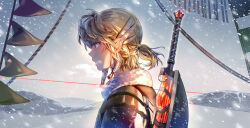  1boy absurdres blonde_hair blue_eyes brown_jacket from_side fur-trimmed_jacket fur_trim grey_sky highres jacket kelezi link male_focus mountainous_horizon nintendo pointy_ears profile short_hair short_ponytail sky snow solo steam_from_mouth string_of_flags sword the_legend_of_zelda the_legend_of_zelda:_tears_of_the_kingdom upper_body weapon weapon_on_back 
