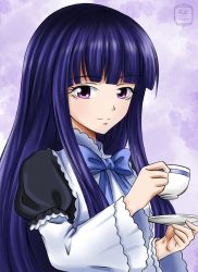  1girl absurdres black_dress blue_ribbon closed_mouth cup dress frederica_bernkastel frilled_sleeves frills gothic_lolita highres holding holding_cup lolita_fashion long_hair long_sleeves painting_(medium) portrait purple_background purple_eyes purple_hair remyfive ribbon smile solo straight_hair teacup traditional_media umineko_no_naku_koro_ni very_long_hair watercolor_(medium) witch  rating:General score:4 user:BambooForestBunny