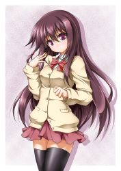  10s 1girl cardigan highres long_hair matsumi_kuro ribbon roura saki saki_(manga) saki_achiga-hen smile solo thighhighs  rating:Sensitive score:10 user:danbooru