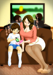  +++ 1boy 1girl age_difference aunt_and_nephew breasts brown_eyes brown_hair cellphone child cleavage couch happy haroharo heart indoors large_breasts long_hair mature_female miniskirt open_mouth pantyhose phone shirt short_hair shorts skirt slippers smile socks t-shirt text_focus translated white_pantyhose 
