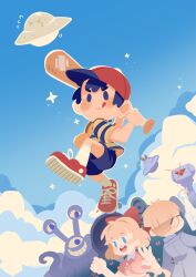  &gt;_&lt; 1girl 2boys :d alien baseball_bat black_hair blonde_hair blue_eyes blue_shorts blush blush_stickers bow bowl_cut cloud cloudy_sky commentary cropped_legs dated_commentary dress extra_eyes flying_sweatdrops from_behind frying_pan glasses glint hair_bow hat highres holding holding_baseball_bat holding_frying_pan jeff_andonuts jumping kneehighs lab_coat mother_(game) mother_2 multiple_boys ness_(mother_2) nintendo o_o open_mouth paula_(mother_2) pink_dress projecttiger red_bow red_footwear red_hat robot shirt shorts sky smile socks solid_oval_eyes striped_clothes striped_shirt sweatdrop teeth tongue tongue_out ufo upper_teeth_only waving 