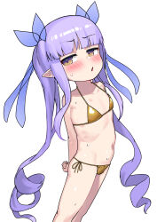  1girl absurdres bikini blunt_bangs brown_eyes flat_chest gold_bikini highres kyoka_(princess_connect!) leonat loli long_hair looking_at_viewer navel princess_connect! purple_hair side-tie_bikini_bottom simple_background standing sweat swimsuit twintails very_long_hair white_background  rating:Questionable score:32 user:danbooru