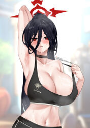  1girl absurdres amai-pai areola_slip armpit_crease armpits bare_arms bare_shoulders black_hair black_wings blue_archive blush breasts cleavage hair_between_eyes halo hasumi_(blue_archive) highres huge_breasts long_hair navel ponytail red_eyes red_halo sidelocks sleeveless solo stomach sweat very_long_hair wings  rating:Sensitive score:48 user:danbooru