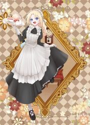  1girl :d alternate_costume apron black_dress black_footwear blonde_hair blue_eyes braid brown_background checkered_background collared_dress cup dress enmaided floral_background full_body glass_teapot gloves hat highres holding holding_tray link!_like!_love_live! long_braid long_dress long_hair long_sleeves looking_at_viewer love_live! maid maid_apron maid_day mob_cap open_mouth osawa_rurino parted_bangs picture_frame satolive20 saucer single_braid skirt_hold smile socks solo tea teacup tray virtual_youtuber white_apron white_gloves white_hat white_socks 