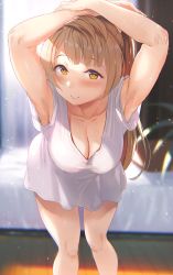 1girl absurdres armpits arms_up ass asymmetrical_bangs bare_legs bed blurry blurry_background blush breasts brown_hair cleavage hanging_breasts highres kitiroku large_breasts legs long_hair looking_at_viewer love_live! love_live!_school_idol_project minami_kotori plant see-through shiny_skin shirt smile solo sparkle sunlight thighs yellow_eyes rating:Sensitive score:78 user:danbooru