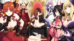  1boy 6+girls alternate_color angel angel_wings argyle arm_strap arms_around_neck ass ass_grab back bag bare_back bare_shoulders benimura_karu black_dress black_gloves black_hair blonde_hair blunt_bangs breasts brown_hair bunny_black bunny_black_3 cape carpet censored chain cleavage cleavage_cutout clipboard clothed_female_nude_female clothed_male_nude_female clothed_sex clothing_cutout collar collarbone curly_hair demon demon_girl demon_horns dirks_(bunny_black) dress ekate_(bunny_black) elbow_gloves facial_mark feet fingernails fire frilled_dress frills front-tie_top game_cg gem glasses gloves green_eyes hair_between_eyes hand_on_own_hip happy harem head_wings hime_cut holding horns indoors jewelry large_breasts long_hair long_sleeves looking_at_viewer lying maid maid_headdress mary_alice merrill_(bunny_black) mole multiple_girls necktie nude on_side panibana pendant pink_eyes pointy_ears pussy rakia_(bunny_black) red_dress serious sex shoes single_elbow_glove single_horn sitting sitting_on_person smile standing straddling swept_bangs throne tiara twintails underboob upright_straddle vaginal wings  rating:Explicit score:76 user:Ynyswydryn