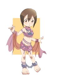  1girl absurdres barefoot brown_eyes brown_hair chain collar digimon digimon_adventure female_focus full_body harem_outfit highres loli looking_at_viewer short_hair simple_background slave solo yagami_hikari  rating:Questionable score:32 user:Twili007