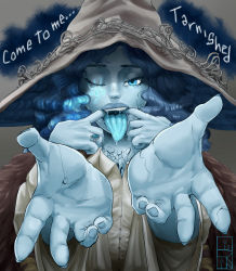  1girl absurdres blue_eyes blue_hair blue_lips blue_skin blue_tongue cloak colored_skin colored_tongue cracked_skin elden_ring english_text extra_arms facial_tattoo finger_in_own_mouth fur_cloak glowing_tattoo hat highres jewelry large_hat liuskin long_hair looking_at_viewer nose one_eye_closed open_mouth oral_invitation ornate_ring ranni_the_witch ring saliva solo spread_mouth tattoo teeth tongue tongue_out upper_teeth_only uvula wavy_hair wedding_ring witch_hat  rating:Questionable score:153 user:danbooru