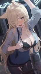  1girl absurdres animal_ears black_bra black_panties black_pantyhose blonde_hair blue_archive blue_eyes blue_halo blue_skirt bra breasts cleavage collarbone commentary_request dog_ears dress_shirt extra_ears grey_shirt hair_over_one_eye halo highres kanna_(blue_archive) large_breasts long_hair long_sleeves looking_at_viewer necktie netural open_clothes open_mouth open_shirt panties panties_under_pantyhose pantyhose pencil_skirt sharp_teeth shirt skirt solo teeth thighs underwear  rating:Sensitive score:19 user:danbooru
