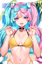  1girl absurdres beach bikini blue_hair blue_nails blue_sky breasts character_hair_ornament choker claw_pose creatures_(company) fangs fingernails game_freak gradient_nails hair_ornament highres iono_(pokemon) lightning_bolt_symbol long_fingernails long_hair looking_at_viewer medium_breasts multicolored_hair navel nintendo piercing pink_hair pink_nails pokemon sky solo split-color_hair swimsuit symbol-shaped_pupils tongue tongue_out tongue_piercing tor_(torkrub111) twintails two-tone_hair upper_body yellow_bikini 