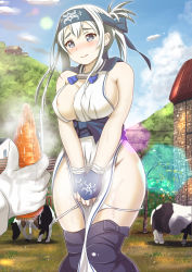 10s 1girl ainu ainu_clothes areola_slip bare_shoulders black_thighhighs blue_eyes blue_sky blush breasts brick_wall carrot cloud cloudy_sky covering_privates covering_crotch cow curvy day dress folded_ponytail grass headband highres hill house kamoi_(kancolle) kantai_collection knees_together_feet_apart kuroame_(kurinohana) large_breasts legs_together lens_flare long_hair outdoors panty_slip pussy_juice pussy_juice_stain sexually_suggestive sideboob sidelocks sky sleeveless sleeveless_dress solo_focus standing tearing_up tears thick_thighs thighhighs thighs tree white_dress white_hair wide_hips wrist_guards rating:Explicit score:44 user:danbooru