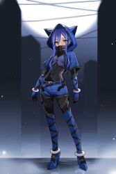  1girl absurdres alternate_costume animal_ears armor belt blue_armor bodystocking boots breasts cat_ears chest_jewel collared_shirt commission commissioner_upload crop_top effole_(fairy_fencer_f) fairy_fencer_f gauntlets gem gloves hair_bun highres hood hoodie long_hair mechanical_ears mega_man_(series) mega_man_zero_(series) navel non-web_source purple_hair red_eyes red_gemstone shirt short_sleeves shorts small_breasts thigh_boots wayanfa 