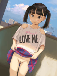 1girl absurdres anyannko blush brown_eyes brown_hair city cleft_of_venus clothes_lift clothes_writing clothing_cutout female_focus highres holding holding_clothes lifting_own_clothes loli looking_at_viewer no_panties outdoors pussy shoulder_cutout skirt skirt_lift smile solo uncensored rating:Explicit score:416 user:ShiroLoli
