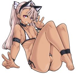  1girl animal_ears arm_at_side armband ass barefoot between_labia bikini bokuso cat_ears chloe_von_einzbern choker commentary_request dark-skinned_female dark_skin double_v eyebrows fake_animal_ears fate/kaleid_liner_prisma_illya fate_(series) feet flat_chest full_body hairband hand_up knees_up pussy long_hair looking_at_viewer micro_bikini multicolored_eyes nipple_slip nipples original parted_lips partially_visible_anus partially_visible_vulva pink_hair purple_eyes ribs side-tie_bikini_bottom sitting skindentation smile solo strap_slip swimsuit toes toned twintails v wristband yellow_eyes  rating:Questionable score:58 user:danbooru