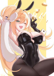  1girl :d absurdres animal_ears black_gloves black_leotard blonde_hair blush breasts brown_pantyhose cleavage coins earrings fake_animal_ears fake_tail fang feather_boa gloves goddess_of_victory:_nikke green_eyes hair_ornament highleg highleg_leotard highres jewelry large_breasts leotard long_hair official_alternate_costume one_eye_closed open_mouth pantyhose playboy_bunny ponytail rabbit_ears rabbit_tail rupee_(nikke) rupee_(rabbit_deluxe)_(nikke) sia233333 skin_fang smile solo strapless strapless_leotard tail  rating:Sensitive score:20 user:Leksa