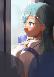 1girl against_glass alternate_costume aqua_eyes aqua_hair arrow_(symbol) bag blush breast_lift breast_press breasts breasts_on_glass cleavage commentary_request embarrassed from_side hair_ornament hairclip kantai_collection large_breasts long_hair maku_ro nose_blush profile short_sleeves shoulder_bag sign silhouette solo_focus suzuya_(kancolle) sweat train_interior translation_request rating:Sensitive score:30 user:danbooru