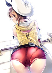 1girl artist_request ass atelier_(series) atelier_ryza atelier_ryza_1 bad_id bad_pixiv_id bare_shoulders blush brown_eyes brown_hair cameltoe from_behind hair_ornament hair_ribbon hairclip hat highres looking_at_viewer looking_back pantylines red_shorts reisalin_stout ribbon shiny_clothes shiny_skin short_hair short_shorts shorts solo staff thighs white_hat rating:Questionable score:10 user:armorcrystal