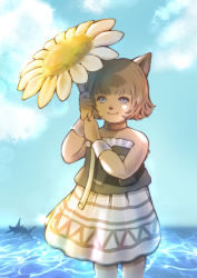  1girl animal_ears artist_name bare_shoulders blue_eyes blue_sky blunt_bangs brown_choker brown_hair cat_ears choker closed_mouth cloud day female_focus final_fantasy final_fantasy_xi flower hands_up highres holding holding_flower lens_flare mithra_(ff11) ocean piyoco skirt sky smile solo strapless water white_flower  rating:Questionable score:4 user:danbooru