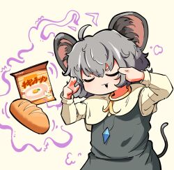 1girl ahoge animal_ears baguette bread capelet closed_eyes commentary_request cookie_(touhou) cowboy_shot crystal dress flat_chest food grey_background grey_dress grey_hair highres instant_ramen jewelry long_sleeves medium_bangs mouse_ears mouse_girl mouse_tail nazrin nissin_chicken_ramen nyon_(cookie) odoro_(nicoseiga81184094) open_mouth pendant pinafore_dress shirt short_hair sleeveless sleeveless_dress solo tail telekinesis touhou white_capelet white_shirt 