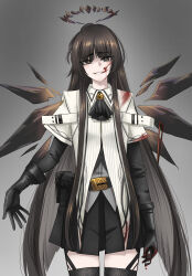  1girl absurdres ahoge arknights ascot belt belt_buckle belt_pouch black_ascot black_belt black_eyes black_garter_straps black_gloves black_hair black_halo black_skirt black_thighhighs black_wings blood blood_on_clothes blood_on_face blood_stain blunt_bangs bow_(music) breasts broken_halo buckle collared_jacket colored_inner_hair commentary cowboy_shot dark_halo detached_wings diamond-shaped_pupils diamond_(shape) energy_wings evil_grin evil_smile eyelashes garter_straps gloves gradient_background grey_background grey_hair grey_shirt grin half-closed_eyes halo highres hime_cut holding holding_bow_(music) ingukoon jacket layered_clothes layered_sleeves long_hair long_sleeves looking_at_viewer miniskirt mole mole_under_eye multicolored_hair open_hand pale_skin parted_lips pleated_skirt pouch raised_eyebrows shadow shirt short-sleeved_jacket short_over_long_sleeves short_sleeves skirt small_breasts smile solo standing straight-on straight_hair strap symbol-shaped_pupils teeth thighhighs two-tone_hair untucked_shirt variant_set very_long_hair virtuosa_(arknights) white_jacket wing_collar wings yellow_pupils zettai_ryouiki 