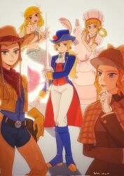  5girls ascot blonde_hair brooch brown_coat brown_hair brown_headwear chaps chef_hat coat company_connection cosplay cowboy_hat cowgirl_peach cowgirl_peach_(cosplay) detective detective_peach detective_peach_(cosplay) epee gloves hat highres in-franchise_crossover jewelry looking_at_viewer mario_(series) mermaid mermaid_peach mermaid_peach_(cosplay) monster_girl multiple_girls multiple_persona nintendo patissiere_peach patissiere_peach_(cosplay) pointy_ears princess_peach princess_peach:_showtime! princess_peach_(cosplay) princess_zelda rapier sword swordfighter_peach swordfighter_peach_(cosplay) the_legend_of_zelda the_legend_of_zelda:_breath_of_the_wild the_legend_of_zelda:_ocarina_of_time the_legend_of_zelda:_skyward_sword the_legend_of_zelda:_the_wind_waker the_legend_of_zelda:_twilight_princess toon_zelda vest weapon white_gloves yushx31 