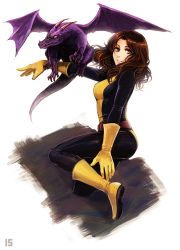 10s 1girl animal animification bad_id bad_pixiv_id belt belt_skirt bodysuit boots brown_hair dragon from_side full_body gloves iduhara_jugo kitty_pryde knee_boots leg_lift light_smile lockheed long_hair looking_at_viewer looking_back marvel outstretched_arm shadowcat simple_background smile superhero_costume through_wall wavy_hair white_background x-men yellow_eyes yellow_footwear