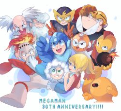 1girl 6+boys ^_^ albert_w_wily anniversary arm_cannon arm_up armor bald bangs bare_shoulders beard black_eyes black_sclera blade blonde_hair blue_coat blue_eyes blue_headwear blue_shirt blush blush_stickers bodysuit bomb bomberman_(rockman) boots breastplate chikichi child clenched_hand clenched_hands closed_eyes closed_mouth coat colored_sclera colored_skin copyright_name cutman dress elecman english_text everyone eyebrows_visible_through_hair eyes_closed facial_hair fire fireman from_behind fur-trimmed_hood fur_trim fuse gloves green_eyes grey_headwear grin gutsman hand_up hands_up happy helmet highres holding holding_bomb hood iceman jpeg_artifacts knee_boots labcoat lightning_bolt long_sleeves looking_back looking_up mask mohawk multiple_boys mustache old old_man one-eyed open_mouth orange_gloves orange_skin outstretched_arm parka pointing ponytail red_dress red_eyes red_gloves red_hair rockman rockman_(character) rockman_(classic) roll_(rockman) scratching_head shiny shiny_skin shirt short_hair shoulder_armor sidelocks simple_background sleeveless sleeveless_dress smile spread_legs sweat teeth thomas_light tied_hair uneven_eyes v vambraces w weapon white_background white_bodysuit white_coat white_footwear white_gloves white_hair yellow_devil yellow_gloves yellow_headwear yellow_skin