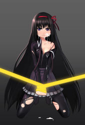10s 1girl akemi_homura angry bdsm black_hair bondage bound bound_wrists cum cum_on_clothes cumdrip facial frown grey_background hair_ribbon k1_(erin22) long_hair looking_at_viewer magical_girl mahou_shoujo_madoka_magica mahou_shoujo_madoka_magica_(anime) off_shoulder open_clothes pantyhose purple_eyes restrained ribbon skirt solo torn_clothes torn_pantyhose rating:Explicit score:19 user:danbooru