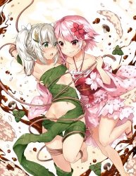  2girls absurdres arms_behind_head assertive_female bare_shoulders bdsm blush bondage bound breasts character_request child_on_child duji_amo femdom flat_chest flower green_eyes hair_flower hair_ornament highres japanese_clothes kimono loli medium_hair multiple_girls nude pink_hair red_eyes sergestid_shrimp_in_tungkang short_hair silver_hair small_breasts smile usagihime white_hair xuan_ying yuri 