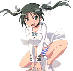  1girl alternate_breast_size black_choker black_hair blue_panties choker commentary fang francesca_lucchini green_eyes jacket loafers long_sleeves looking_at_viewer medium_hair military military_uniform nanashino no_pants no_socks on_one_knee open_mouth panties shadow shoes simple_background smile solo strike_witches striped_clothes striped_panties twintails underwear uniform white_background white_footwear white_jacket world_witches_series  rating:Sensitive score:24 user:danbooru