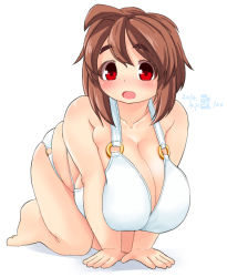 1girl ahoge all_fours bikini breasts brown_hair cleavage fat female_focus hanging_breasts huge_breasts mikomu open_mouth original red_eyes short_hair simple_background solo swimsuit white_background white_bikini rating:Questionable score:20 user:Xander