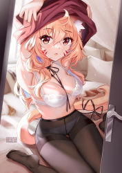  1girl animal_ear_fluff animal_ears armpits arms_up bare_shoulders black_pantyhose black_ribbon bra breasts cat_ears cat_girl cat_tail cleavage commentary english_commentary facial_mark hair_between_eyes high-waist_pantyhose highres indie_virtual_youtuber indoors looking_at_viewer medium_breasts neck_ribbon no_shoes pantyhose parted_lips ribbon shyrei_faolan sitting solo squchan stomach tail thighband_pantyhose underwear undressing virtual_youtuber wariza whisker_markings white_bra  rating:Sensitive score:77 user:danbooru