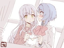  2girls :o aizawa_kazuha artist_name assault_lily blue_eyes blue_hair blush bow bowtie breasts brown_sailor_collar closed_mouth commentary curtains dutch_angle food gochisousama_(tanin050) grey_hair grey_ribbon hair_ribbon hand_up herensuge_girls_academy_school_uniform high_collar holding holding_spoon indoors jacket kanba_girls_high_school_uniform kon_kanaho long_hair long_sleeves looking_at_another looking_to_the_side medium_breasts multiple_girls necktie nerunerunerune parted_lips profile red_bow red_bowtie red_shirt ribbon sailor_collar school_uniform serafuku shirt short_hair side-by-side sidelocks spoon sweatdrop sweets table upper_body wavy_mouth white_jacket white_necktie window yellow_eyes yuri 