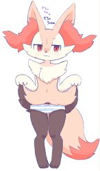  1girl animal_ear_fluff animal_ears animal_nose black_fur blue_panties blush body_fur bow bow_panties braixen closed_mouth clothed_pokemon clothes_lift creatures_(company) embarrassed female_focus fox_ears fox_girl fox_tail full_body furry furry_female game_freak gen_6_pokemon hands_up japanese_text lifting_own_clothes looking_at_viewer moduckten navel nintendo nose_blush panties pigeon-toed pokemon pokemon_(creature) red_eyes red_fur simple_background solo standing striped_clothes striped_panties tail translation_request underwear wavy_mouth white_background white_fur yellow_fur  rating:Sensitive score:26 user:AngryZapdos