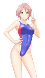 1girl arena_(company) blush breasts brown_eyes brown_hair competition_swimsuit covered_erect_nipples female_focus grin hand_on_own_hip highleg highleg_swimsuit hip_focus kuri_(kurigohan) navel one-piece_swimsuit pink_eyes pink_hair shiny_clothes short_hair simple_background skin_tight smile solo standing swimsuit v white_background rating:Sensitive score:22 user:danbooru