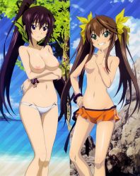  2girls absurdres bare_shoulders beach bikini bikini_bottom_only black_hair blue_eyes blue_sky blush bracelet breast_hold breasts brown_hair cloud cropped crossed_arms day exhibitionism feet_out_of_frame female_focus fixed green_eyes grin groin hand_on_own_hip hashimoto_takayoshi high_ponytail highres huang_lingyin infinite_stratos jewelry knees legs_apart legs_together long_hair medium_breasts multiple_girls navel nipples nude_filter ocean outdoors ponytail public_indecency purple_eyes purple_hair rock shinonono_houki sky small_breasts smile split_ponytail standing swimsuit teeth thigh_gap thighs third-party_edit topless tree twintails very_long_hair white_bikini wristband  rating:Questionable score:55 user:RndUser