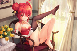  1girl bell breasts chair dressing elbow_gloves feet gloves hair_bun hair_ribbon jingle_bell partially_visible_vulva red_eyes red_hair ribbon sitting sleeveless small_breasts star-shaped_pupils star_(symbol) symbol-shaped_pupils thighhighs thighs vivian_(mvv) window  rating:Questionable score:14 user:TinSnips