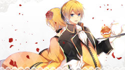 1boy 1girl aku_no_meshitsukai_(vocaloid) allen_avadonia anniversary argyle argyle_background argyle_clothes ascot back back-to-back bad_id bad_pixiv_id black_jacket black_ribbon blonde_hair blue_eyes brother_and_sister cake choker dress evillious_nendaiki flower food gloves gold_trim hair_ribbon highres holding holding_tray jacket kagamine_len kagamine_rin lace lace-trimmed_dress lace_trim looking_at_viewer open_mouth outstretched_hand pastry petals reaching reaching_towards_viewer red_petals ribbon riliane_lucifen_d&#039;autriche rose short_hair siblings smile teapot tray twins vocaloid white_gloves yellow_blazer yellow_dress yuken_52 rating:Sensitive score:1 user:danbooru