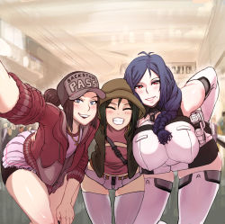 3girls bent_over bike_shorts blue_hair blush borrowed_character braid breasts brown_hair casual cross cross_necklace crossover closed_eyes flat_cap green_hair groceries hat highres hood hoodie jewelry large_breasts long_sleeves mole mole_under_mouth multiple_girls necklace original pleated_skirt ponytail red_eyes red_hoodie selfie shopping shorts skirt smile sodivite thighhighs white_skirt rating:Sensitive score:91 user:danbooru