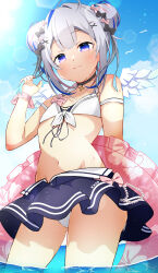  1girl absurdres amane_kanata angel_wings bare_shoulders blue_hair blush colored_inner_hair double_bun feathered_wings from_below gradient_wings grey_hair hair_bun hair_ornament halo highres hololive looking_at_viewer looking_down mini_wings multicolored_hair multicolored_wings navel outdoors purple_eyes satsuki_(pixiv_742410) short_hair single_hair_intake smile solo star_halo streaked_hair swimsuit thighs virtual_youtuber wings 