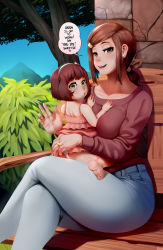 2girls ass bare_shoulders barefoot bench breasts brown_eyes brown_hair bush collarbone crossed_legs curvy earrings english_text feet female_focus green_eyes hair_ornament hairband hairclip half-closed_eyes heart highres hip_focus jewelry jlullaby large_breasts loli long_hair mature_female mother_and_daughter mountain multiple_girls open_mouth outdoors panties pantyshot ponytail ring short_hair sitting sky soles speech_bubble spread_legs stud_earrings swept_bangs teeth thick_thighs thighs toes tongue tree underwear upper_teeth_only wedding_ring wide_hips rating:Explicit score:323 user:oyashiro1