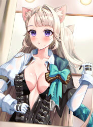  1girl animal_ears aqua_bow black_dress blush bow breasts cat_ears collarbone commentary_request dress genshin_impact gloves grey_hair hand_up highres juliet_sleeves long_sleeves lynette_(genshin_impact) medium_breasts mikoto_(0709mikoto) mirror parted_lips puffy_sleeves purple_eyes reflection solo white_gloves  rating:Sensitive score:10 user:danbooru